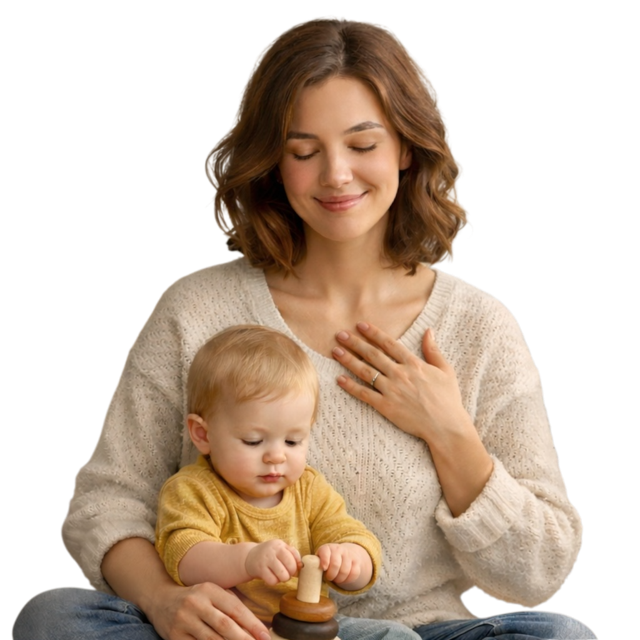 Mamá y bebé con librero