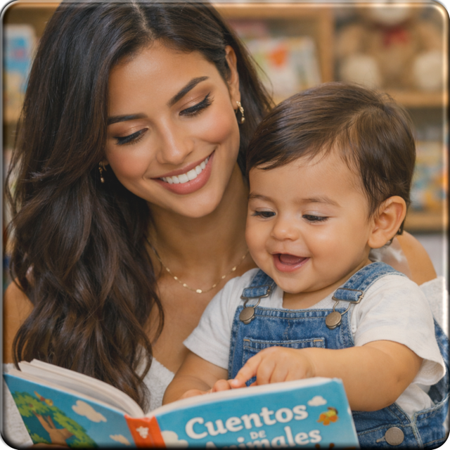 Mamá y bebé con librero