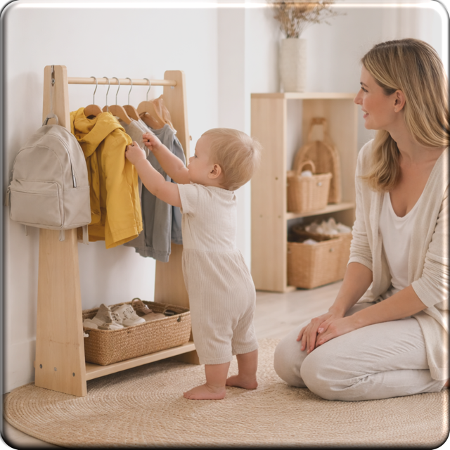 Mamá y bebé con perchero